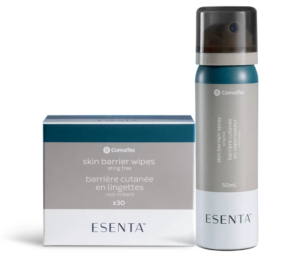 ESENTA™ Skin Barrier Spray and Wipes: Protects skin from irritants for up to 72 hours.