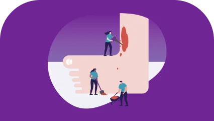 人们在一只巨脚上工作的插图，代表了伤口愈合过程。